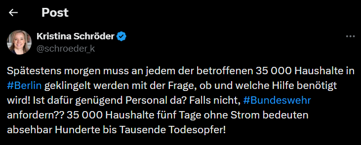 Stromausfall in Berlin: Ex-Ministerin in Aufruhr - "Absehbar tausende Todesopfer" 72 Post von Kristina Schröder